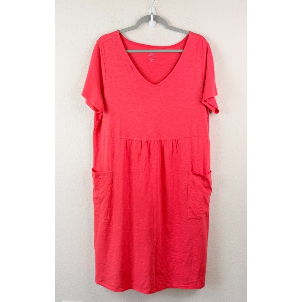 J.Jill Slub Knit V-Neck Dress Women's 1X Coral Pink Relaxed Coastal Resort Beach